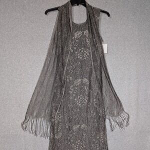 Harlow Lace Fringe Dress Womens 8 Gray Silver NWT Vintage Style Scarf Gatsby